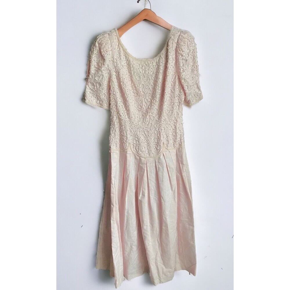 Vtg Sarah Elizabeth Beaded Linen Dress Women 6 Pleated light Pink 80s Bodice
